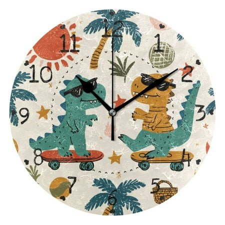 Two Dinosaurs on Skateboard Trees Round Wall Clock Silent Analog Battery Operated Black Pointer Home Decor 9.84 Diameter