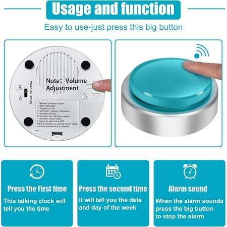 UGUCYUI-Large Talking Button Clock, Talking Alarm Clock with Volume Control, Telling Time and Day of The Week, Alarm, Gift Clock for Mother,Father,Seniors,Elderly,Blind People (Silver&Blue)