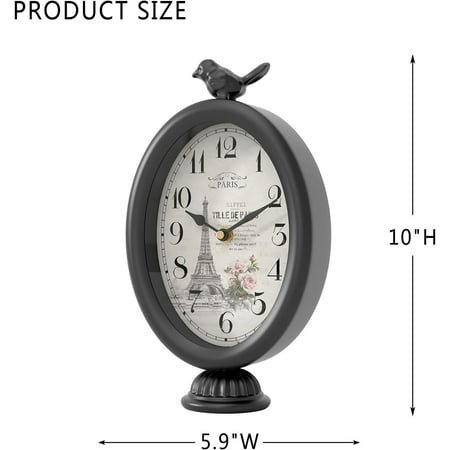 UGUCYUI-Vintage Table Clock with Bird, Desk and Shelf Decor Clock, French Paris Style, Antique Black Metal Mantel Clocks for Living Room, Farmhouse, Bedroom, Bedside, Gift (10 H x 5.9 W)