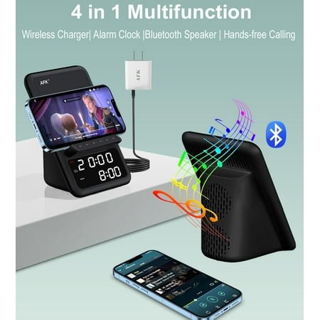 UGUCYUI-Wireless Charging Station with Bluetooth Speaker and Alarm Clock,Wireless Charger Compatible with iPhone,Android Phones(Black)