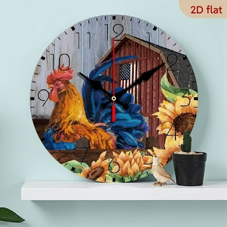 Ulloord 2D Flat 1pc 10Inch Wooden Wall Clocks Round Silent Non-Ticking Rooster Barnyard Cockerel Design Sunflower Barn Frameless Wall Clocks Vintage Chicken Hen Rooster Home Decor for Workshop