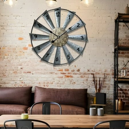 Unique Windmill Metal Wall Clock - Silent Sweep Movement, Rustic Industrial Style Home Decor for Living Room, Bedroom & Foyer