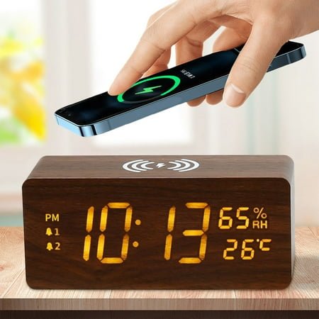 Uutvmp Wood Digital Alarm Clock with 15W Fast Wireless Charger, USB Charging Ports, DST, Dimmable, Snooze, Large Number LED Display for Bedrooms, Desk, Living Room Table, Bedside, Nightstand
