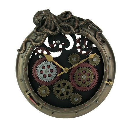 Veronese Design Steampunk Bronze Finish Octopus Porthole Wall Clock with Moving Gears
