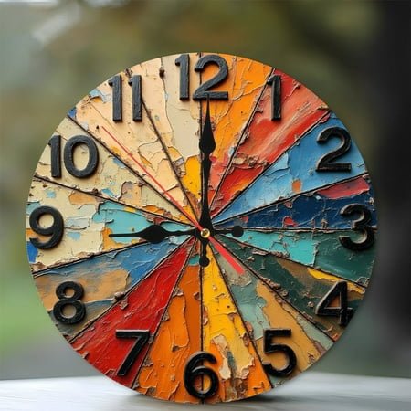 Vintage Colorful Wall Clock Decor with Large Numbers 10-Inch Silent Wooden Wall Clock, Battery Operated (AA Batteries Not Included), Artistic Home Decor