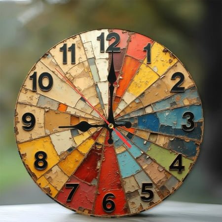 Vintage Colorful Wall Clock with Large Numbers 10-Inch Silent Wooden Wall Clock, Battery Operated (AA Batteries Not Included), Artistic Home Decor