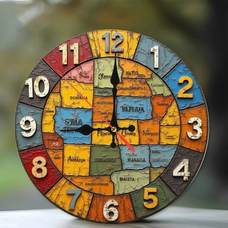 Vintage Decor Wall Art Clock with Large Colorful Numbers 10-Inch Silent Wooden Wall Clock, Battery Operated (AA Batteries Not Included), Artistic Home Decor