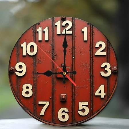 Vintage Red Rustic Wall Clock Farmhouse Decor 10-Inch Silent Wooden Wall Clock, Battery Operated (AA Batteries Not Included), Artistic Home Decor