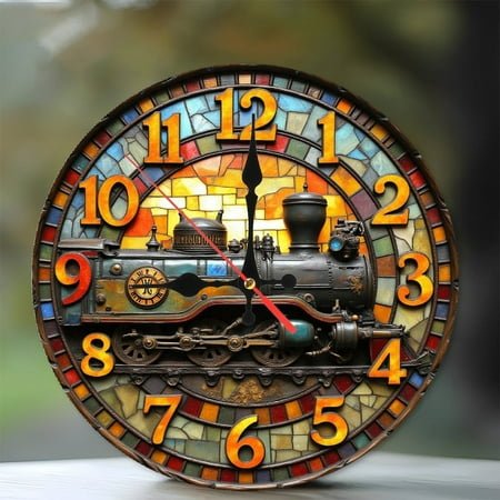 Vintage Steam Train Clock Wall Art Decor 10-Inch Silent Wooden Wall Clock, Battery Operated (AA Batteries Not Included), Artistic Home Decor