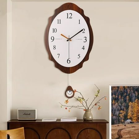 Vintage Swing Wall Clock with White Dial & Walnut Frame - Silent Acrylic Pendulum Design for Modern Home Decor ,15.7*15.7ins