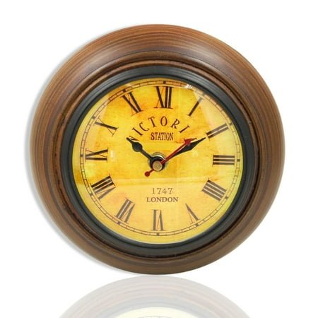 Vintage Victoria Station Wall Clock for Home Décor | Antique Roman Numerals Included | Classic Round Analog Clock | 1747 London Design | 5.5 Inch Wooden Look Frame