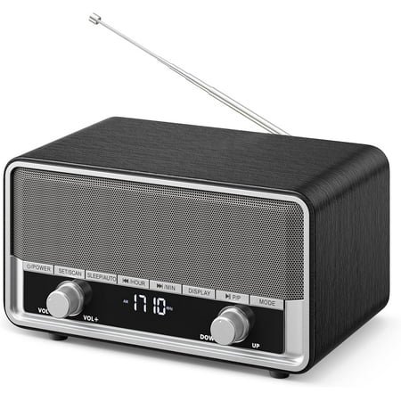 Vintage Wood AM FM Bluetooth Radio with Clock, Digital Clock Radio for Bedroom with LCD Display | 40 Presets | Sleep Timer | No Alarm, Retro Bluetooth Speaker for Office, Kitchen