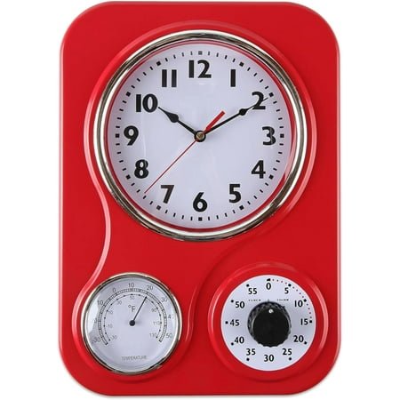 Visualz - 9.5 Inch x 12.5 Inch - Retro Kitchen Wall Clock, Vintage Wall Clock with a Thermometer and 60-Minute Timer, Ideal for Any Kitchen, Office, or Diner (Red)