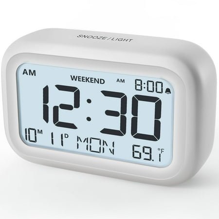 VOCOO Alarm Clock, Battery Operated 3.5'' LCD with Backlight, Snooze, Indoor Temperature, White
