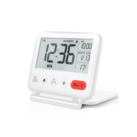 VOCOO Digital Travel Alarm Clock, Mini LCD Display, Backlight, Snooze, 12/24H, Folding Battery-Operated (White)