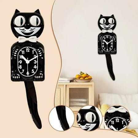 Wagging Tail Cat Wall Clock, Quartz Movement Clock for Kids Room Decor, Precise Timekeeping (Requires 2 AA Batteries)