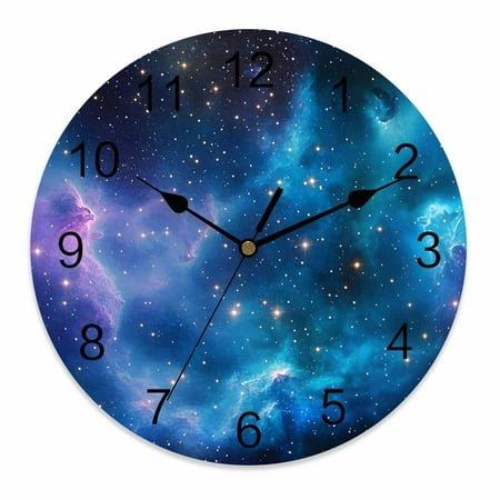 Wall Clock 10 Inch Blue Purple Galaxy Round Silent Decorative Wall Clocks Battery Operated for Living Room Bedroom Kitchen Classroom Decor, Universe Space,Small