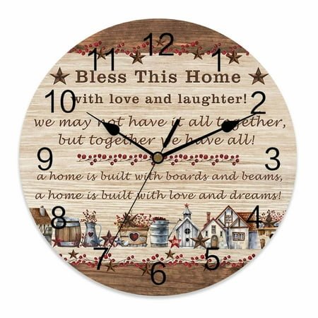 Wall Clock 10 Inch Brown Farmhouse Barn Stars Round Silent Decorative Wall Clocks Battery Operated for Living Room Bedroom Kitchen Classroom Decor, Vintage Country Wood Texture,Small