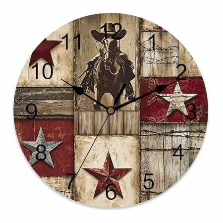 Wall Clock 10 Inch Farmhouse Round Silent Decorative Wall Clocks Battery Operated for Living Room Bedroom Kitchen Classroom Decor, Western Wood Texture Barn Star Red Brown,Small