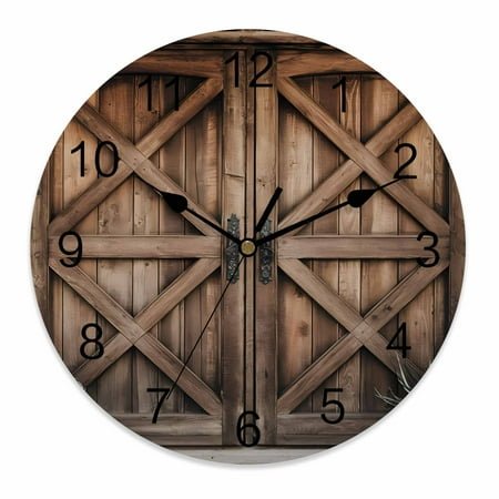 Wall Clock 12 Inch Rustic Farmhouse Round Silent Decorative Wall Clocks Battery Operated for Living Room Bedroom Kitchen Classroom Decor, Barn Door Countryside Brown,Large