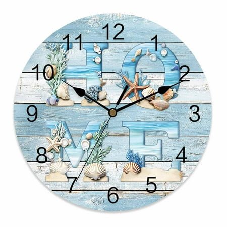 Wall Clock 14 Inch Coastal Round Silent Decorative Wall Clocks Battery Operated for Living Room Bedroom Kitchen Classroom Decor, Vintage Beach Starfish Shell Aqua Baby Blue,Large