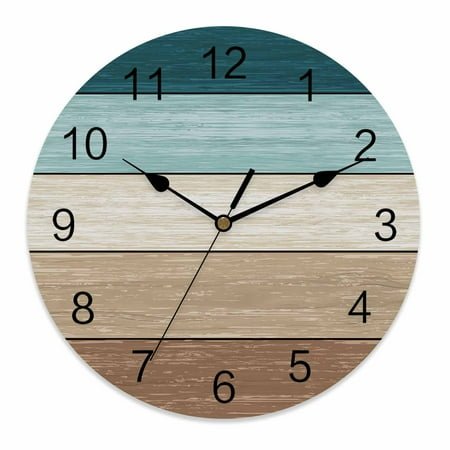 Wall Clock 14 Inch Teal Blue Brown Barn Wood Textured Round Silent Decorative Wall Clocks Battery Operated for Living Room Bedroom Kitchen Classroom Decor, Rustic Farmhouse,Large
