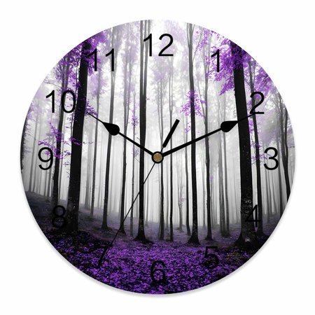 Wall Clock Autumn Maple Forest Clocks PVC Silent Non-Ticking Battery Operated Decorative Purple Misty Forest Trees Round Clock for Home Living Room Kitchen Bedroom Office School Wall Decor 14 Inch