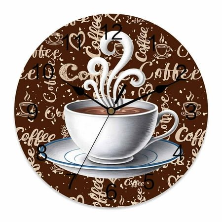 Wall Clock Coffee Cup Clocks PVC Silent Non-Ticking Battery Operated Decorative Retro Brown Cafe Round Clock for Home Living Room Kitchen Bedroom Office School Wall Decor 14 Inch