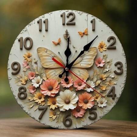 Wall Clock Decorative - Floral Butterfly Garden Print 2D Vintage Wall Clocks Battery Operated Silent Non-Ticking for Bedroom, Living Room, Kitchen, Office, Classroom, 10 Inch