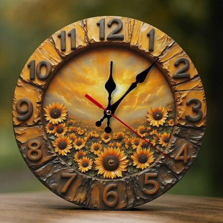 Wall Clock Decorative - Golden Sunflower Fiel Print 2D Vintage Wall Clocks Battery Operated Silent Non-Ticking for Bedroom, Living Room, Kitchen, Office, Classroom, 10 Inch