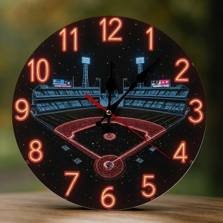 Wall Clock Decorative - Neon Baseball Stadium Night Print 2D Vintage Wall Clocks Battery Operated Silent Non-Ticking for Bedroom, Living Room, Kitchen, Office, Classroom, 10 Inch