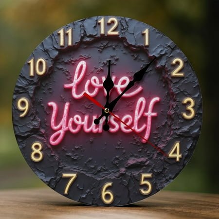 Wall Clock Decorative - Neon Love Yourself Sign Print 2D Vintage Wall Clocks Battery Operated Silent Non-Ticking for Bedroom, Living Room, Kitchen, Office, Classroom, 10 Inch