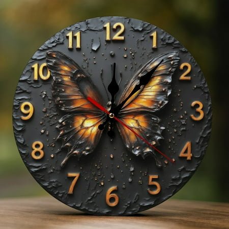 Wall Clock Decorative - Rustic Bronze Butterfly Print 2D Vintage Wall Clocks Battery Operated Silent Non-Ticking for Bedroom, Living Room, Kitchen, Office, Classroom, 10 Inch