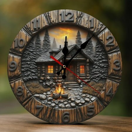 Wall Clock Decorative - Rustic Brown Cabin Print 2D Vintage Wall Clocks Battery Operated Silent Non-Ticking for Bedroom, Living Room, Kitchen, Office, Classroom, 10 Inch