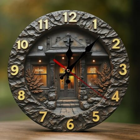 Wall Clock Decorative - Rustic Brown Cottage-B Print 2D Vintage Wall Clocks Battery Operated Silent Non-Ticking for Bedroom, Living Room, Kitchen, Office, Classroom, 10 Inch