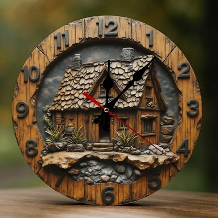 Wall Clock Decorative - Rustic Brown Cottage Print 2D Vintage Wall Clocks Battery Operated Silent Non-Ticking for Bedroom, Living Room, Kitchen, Office, Classroom, 10 Inch