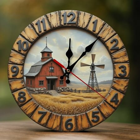 Wall Clock Decorative - Rustic Red Barn Print 2D Vintage Wall Clocks Battery Operated Silent Non-Ticking for Bedroom, Living Room, Kitchen, Office, Classroom, 10 Inch