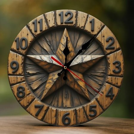 Wall Clock Decorative - Rustic Wooden Star Print 2D Vintage Wall Clocks Battery Operated Silent Non-Ticking for Bedroom, Living Room, Kitchen, Office, Classroom, 10 Inch