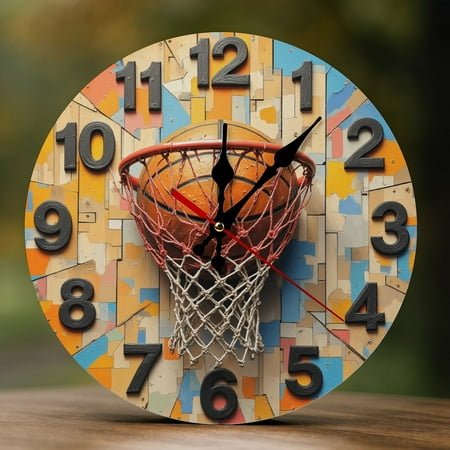 Wall Clock Decorative - Vintage Basketball Hoop Print 2D Vintage Wall Clocks Battery Operated Silent Non-Ticking for Bedroom, Living Room, Kitchen, Office, Classroom, 10 Inch