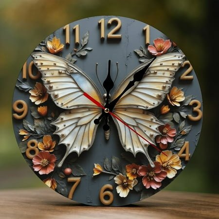 Wall Clock Decorative - Vintage Butterfly Blossom Print 2D Vintage Wall Clocks Battery Operated Silent Non-Ticking for Bedroom, Living Room, Kitchen, Office, Classroom, 10 Inch