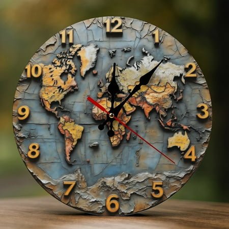 Wall Clock Decorative - Vintage Colorful World Map Print 2D Vintage Wall Clocks Battery Operated Silent Non-Ticking for Bedroom, Living Room, Kitchen, Office, Classroom, 10 Inch