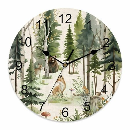 Wall Clock Forest Animal Clocks PVC Silent Non-Ticking Battery Operated Decorative Woodland Trees Bear Fox Deer Bird Round Clock for Home Living Room Kitchen Bedroom Office School Wall Decor 14 Inch