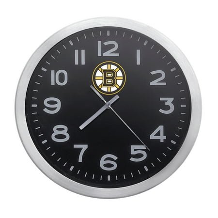Wall Clock Home Decor or for a Patio/RV/Game Room 10 Round Silver Edge with a Black Face Featuring Your Choice of a Sports Theme Team Logo Vinyl Decal - FREE Battery Included (Bruins)