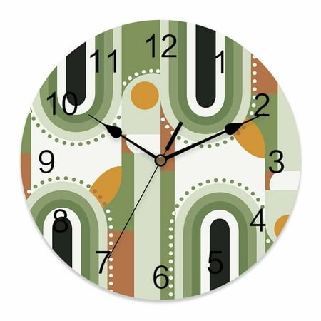 Wall Clock Modern Geometric Clocks PVC Silent Non-Ticking Battery Operated Decorative Mid Century Abstract Green Round Clock for Home Living Room Kitchen Bedroom Office School Wall Decor 10 Inch