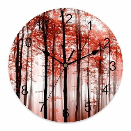 Wall Clock Red Autumn Maple Forest Clocks PVC Silent Non-Ticking Battery Operated Decorative Misty Forest Trees Round Clock for Home Living Room Kitchen Bedroom Office School Wall Decor 14 Inch