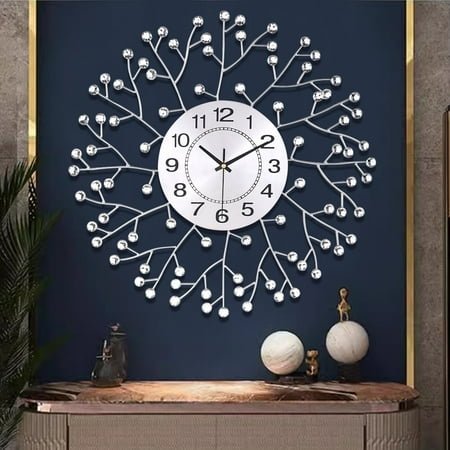 Wall Clocks for Living Room Decor Modern Silen Stylish Diamond Large Wall Clocks for Living Room, Bedroom, Kitchen, Home Decor 20 Inch Silver Drop Crystal Wall Watch for Indoor