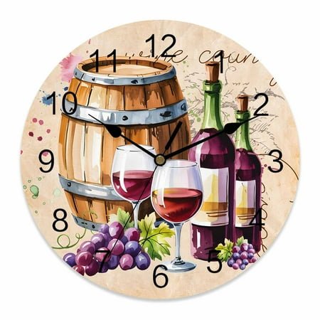 Wall Clock Wine Cask Clocks PVC Silent Non-Ticking Battery Operated Decorative Retro Farmhouse Grape Round Clock for Home Living Room Kitchen Bedroom Office School Wall Decor 10 Inch