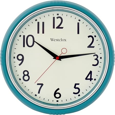 Westclox Retro Wall Clock for Kitchen, Bedroom, or Living Room – Vintage Quartz Analog Wall Clock with Chrome Bezel & Dome Glass Lens, Easy-to-Read Numbers (Teal, 12)