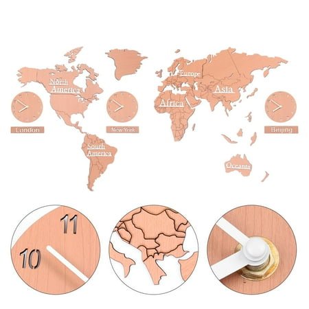WHAMVOX World Map Wall Clock with 3 for Home Brown ABS Modern Wall Art Decorative Hanging Clock 12.6x12.6 Inches