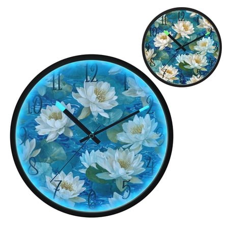 White Water Lilies Float Luminous Wall Clock with Sound-Activated LED 12-Inch Silent Acrylic Timepiece for Bedroom Livingroom or Office